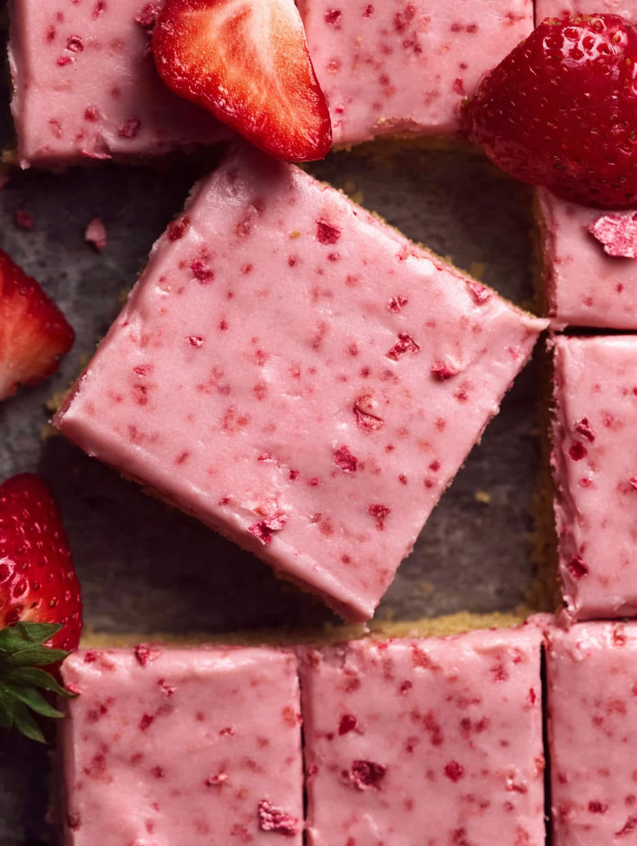 A slice of pink and brown cake with strawberries on top.