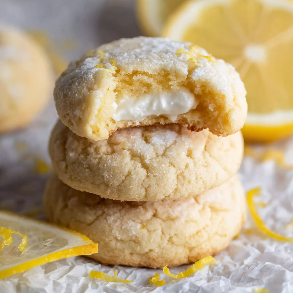 A stack of cookies with lemon wedges on top.