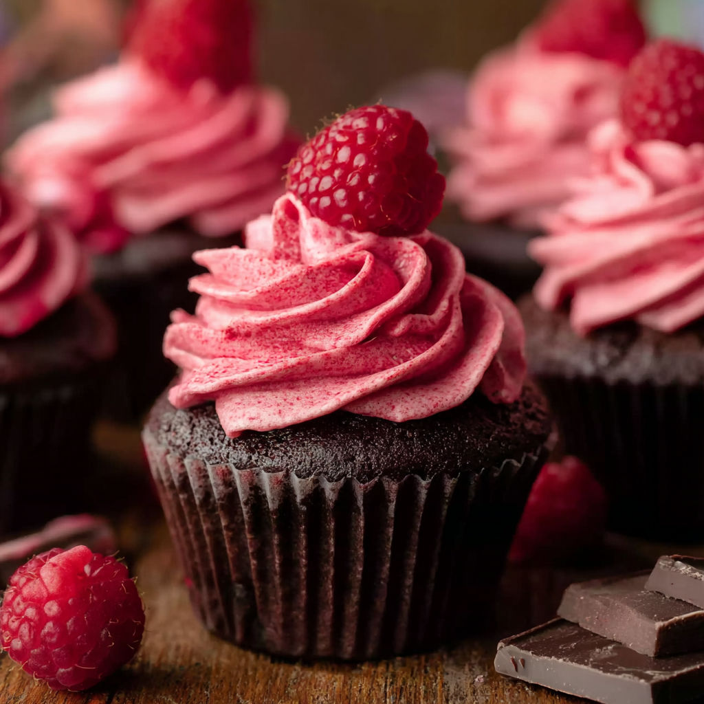 A close up of a chocolate cupcake with a raspberry on top.