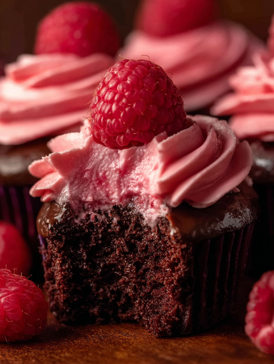 A chocolate cupcake with a raspberry on top.
