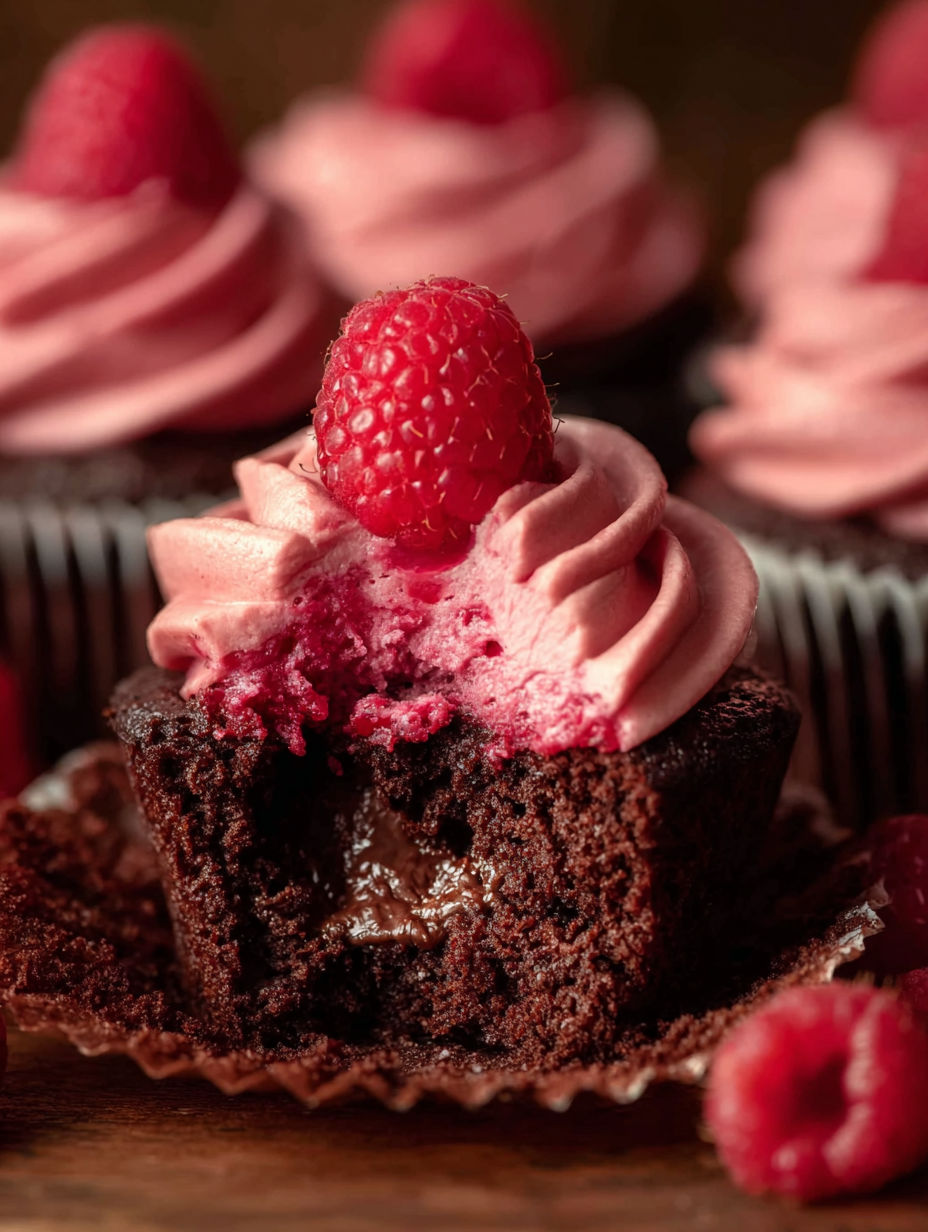 A chocolate cupcake with a raspberry on top.