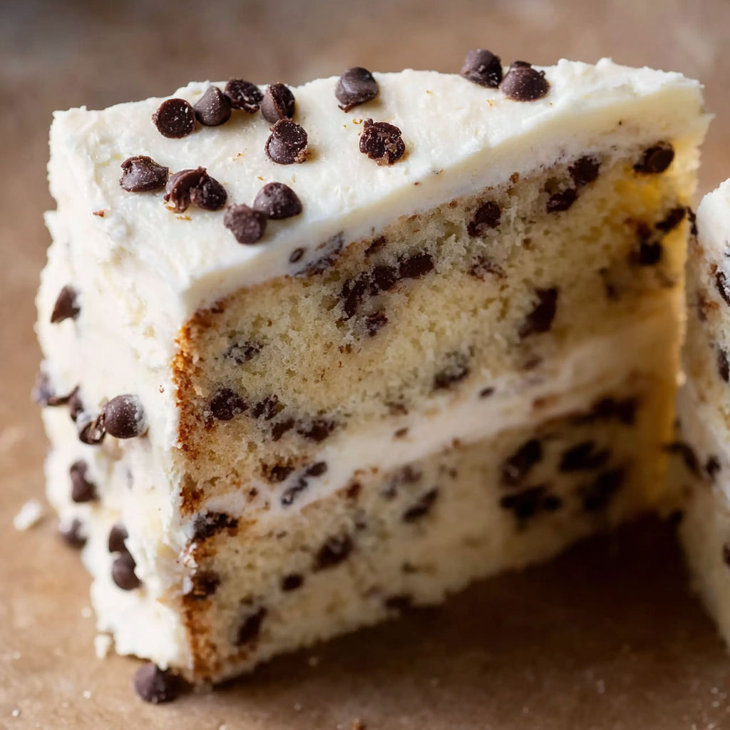 A slice of chocolate chip cake.
