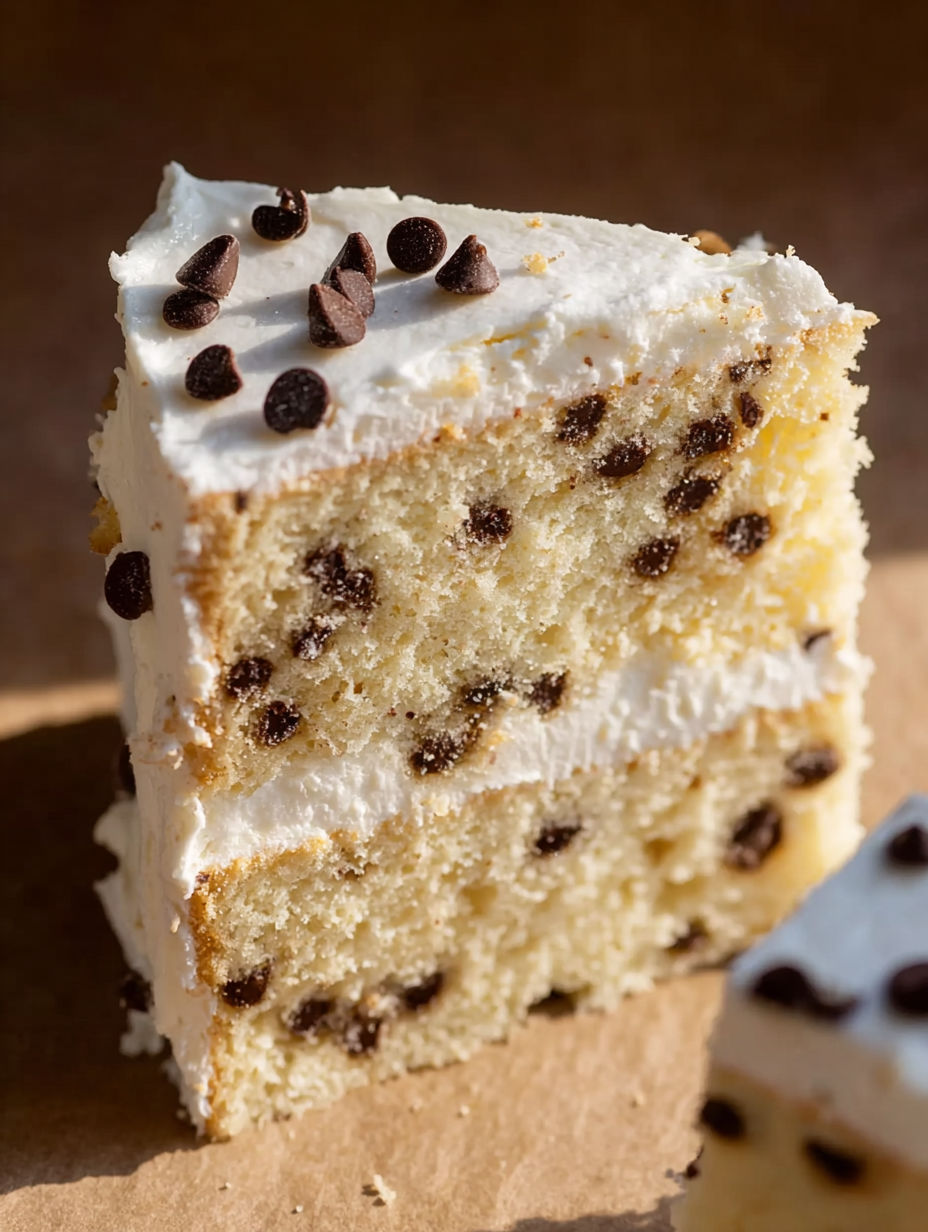 A slice of cake with chocolate chips.