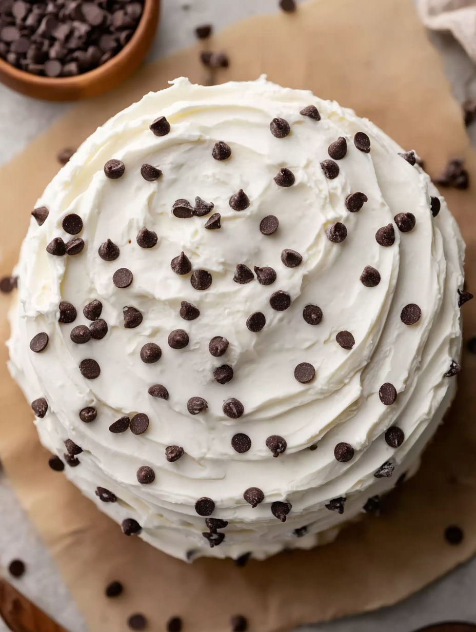 A cake with chocolate chips on top.