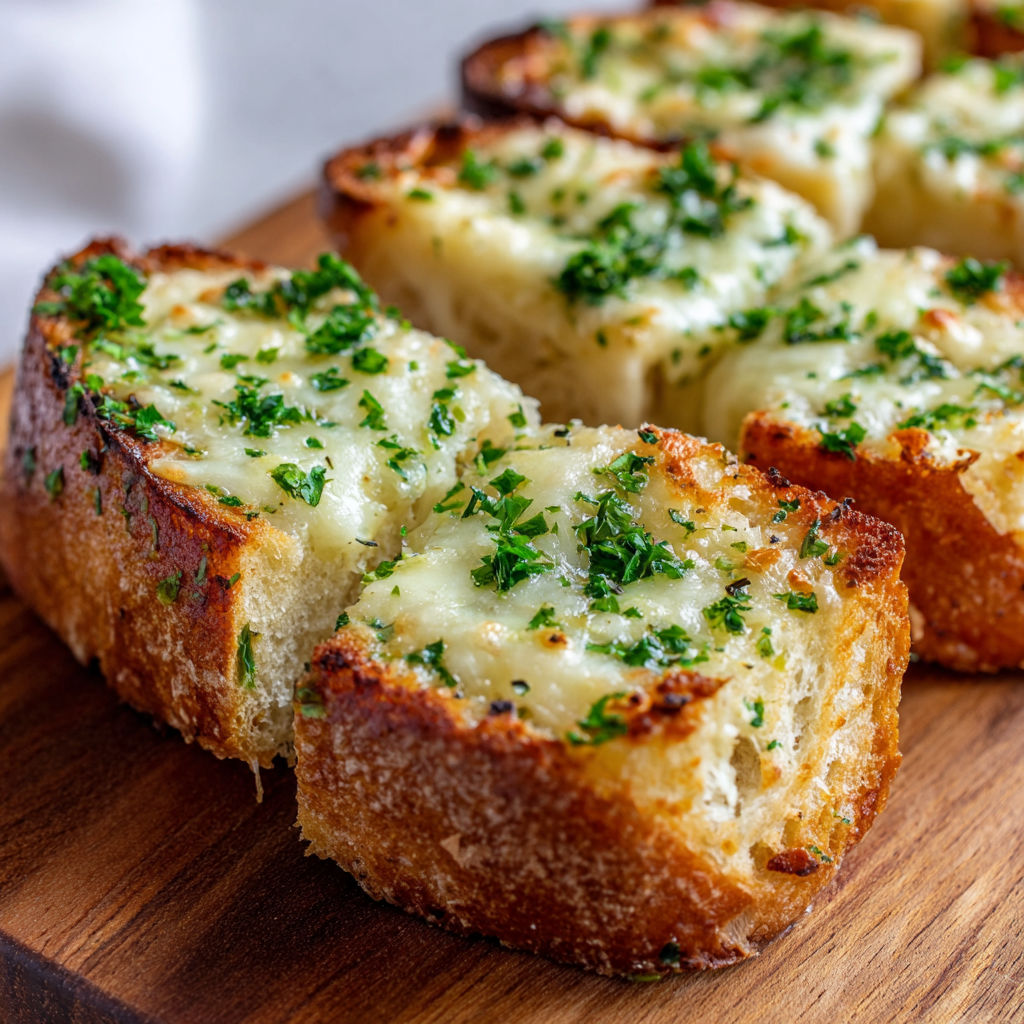 A slice of garlic bread with cheese on a wooden cutting board.