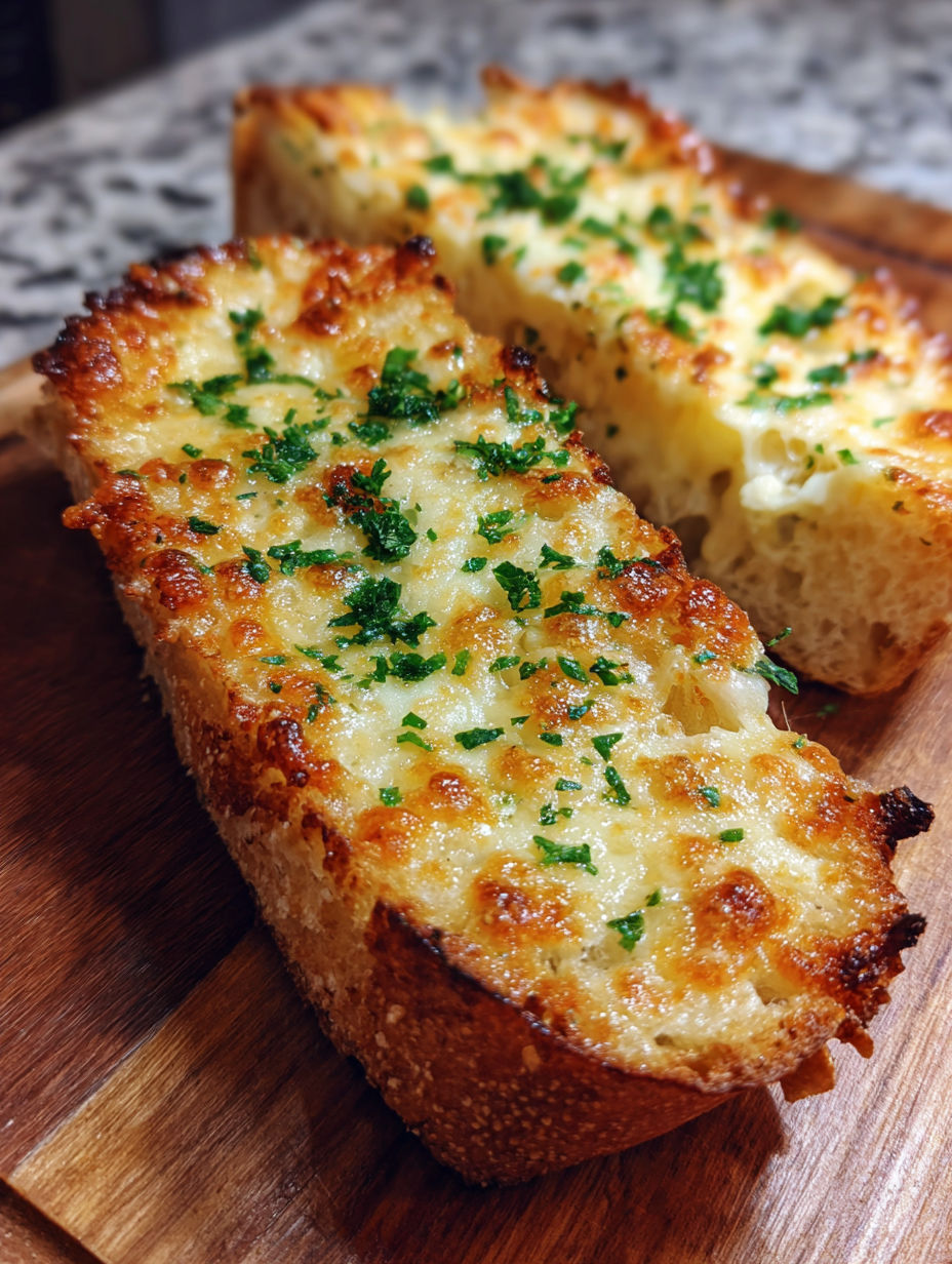 A slice of cheesy garlic bread on a wooden cutting board.