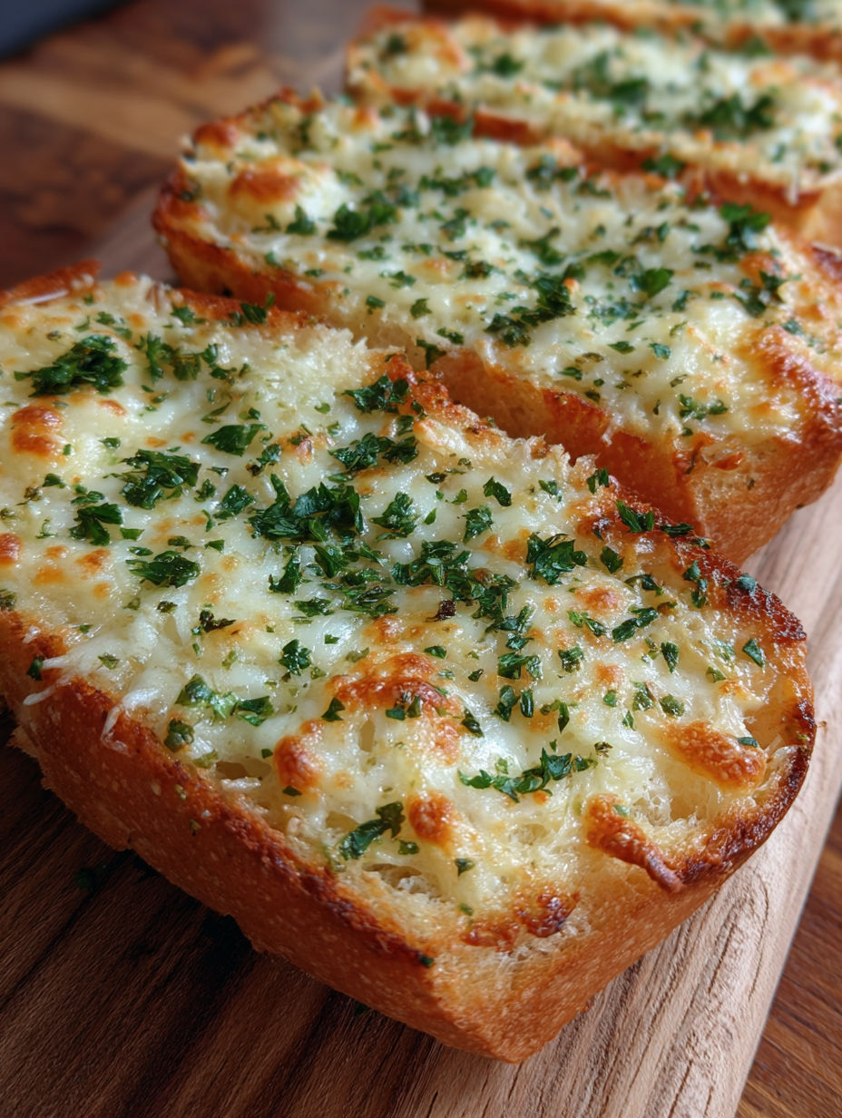A slice of cheesy garlic bread on a wooden cutting board.