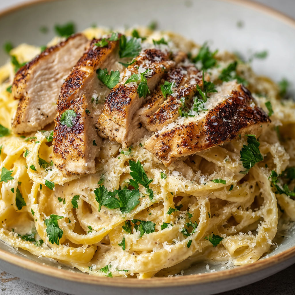 A plate of chicken fettuccine alfredo.
