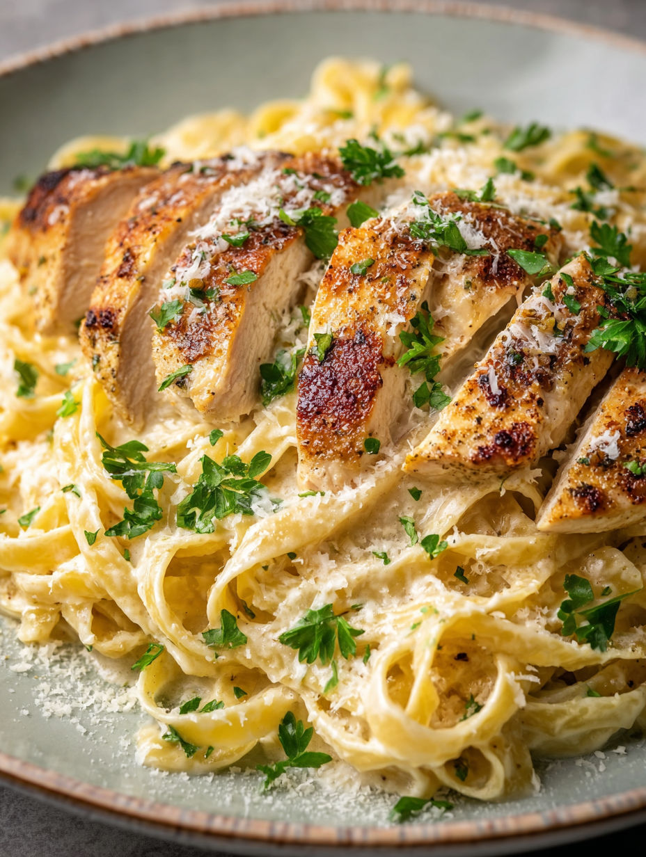 A plate of chicken fettuccine alfredo.