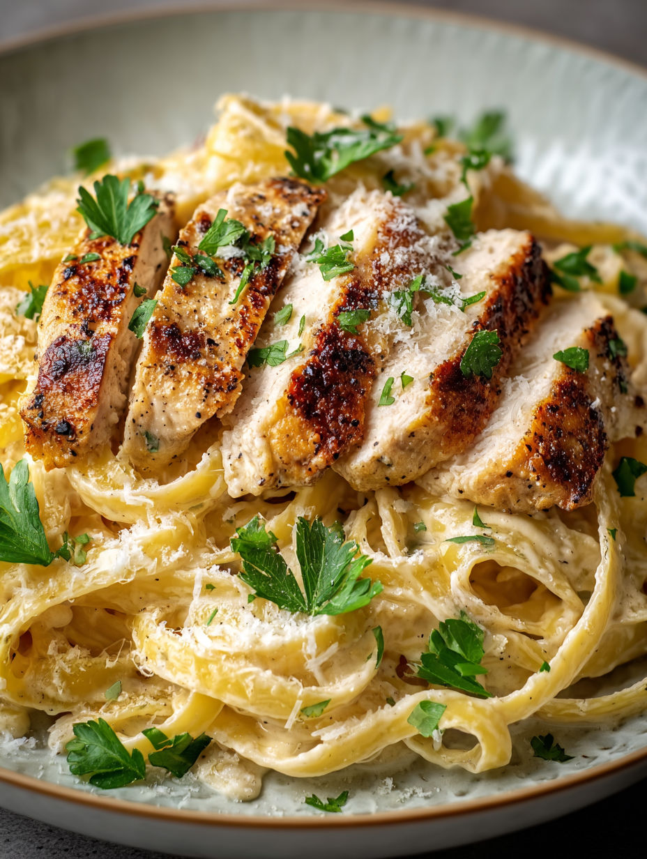 A plate of chicken fettuccine alfredo.