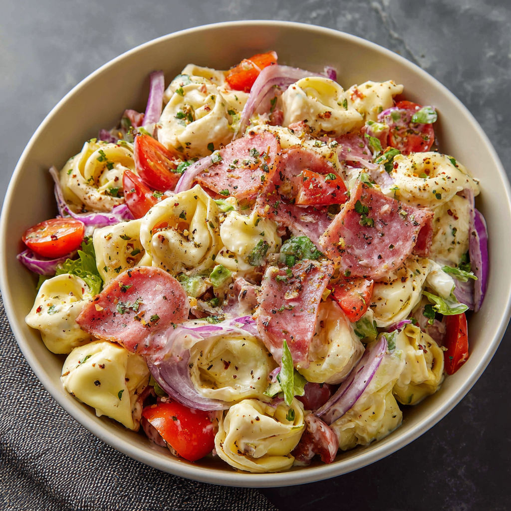 A bowl of Italian Grinder Tortellini Salad.