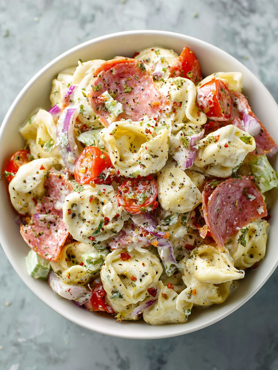 A bowl of Italian Grinder Tortellini Salad.