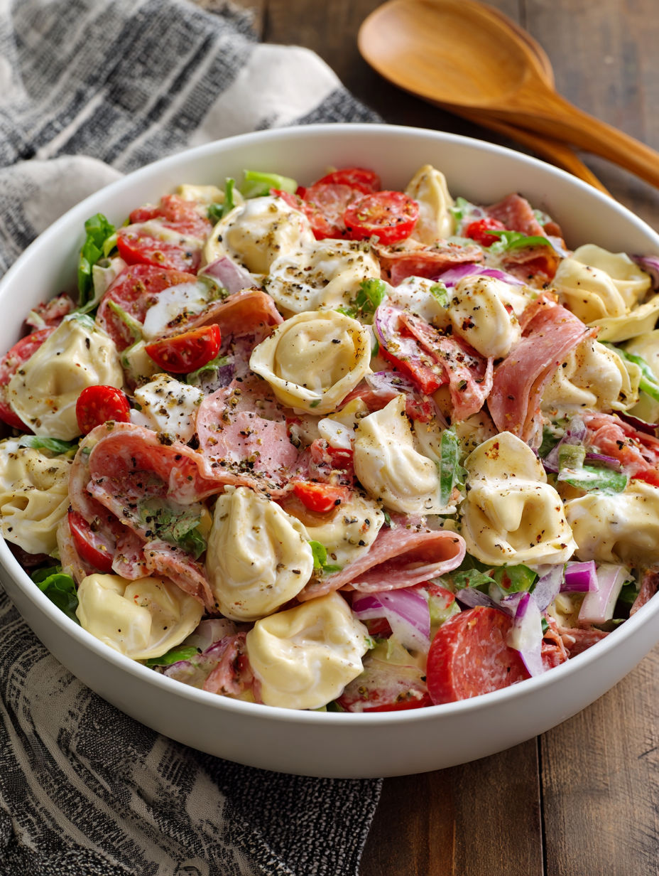 A bowl of Italian Grinder Tortellini Salad.