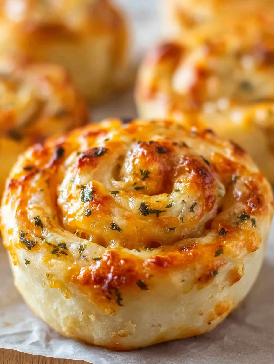 A close up of a pastry with cheese and herbs.