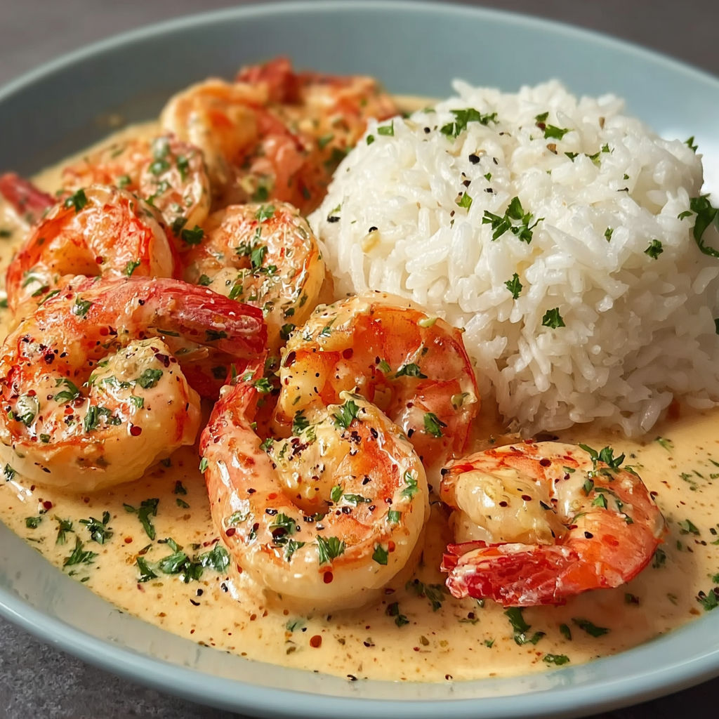 A plate of shrimp and rice.