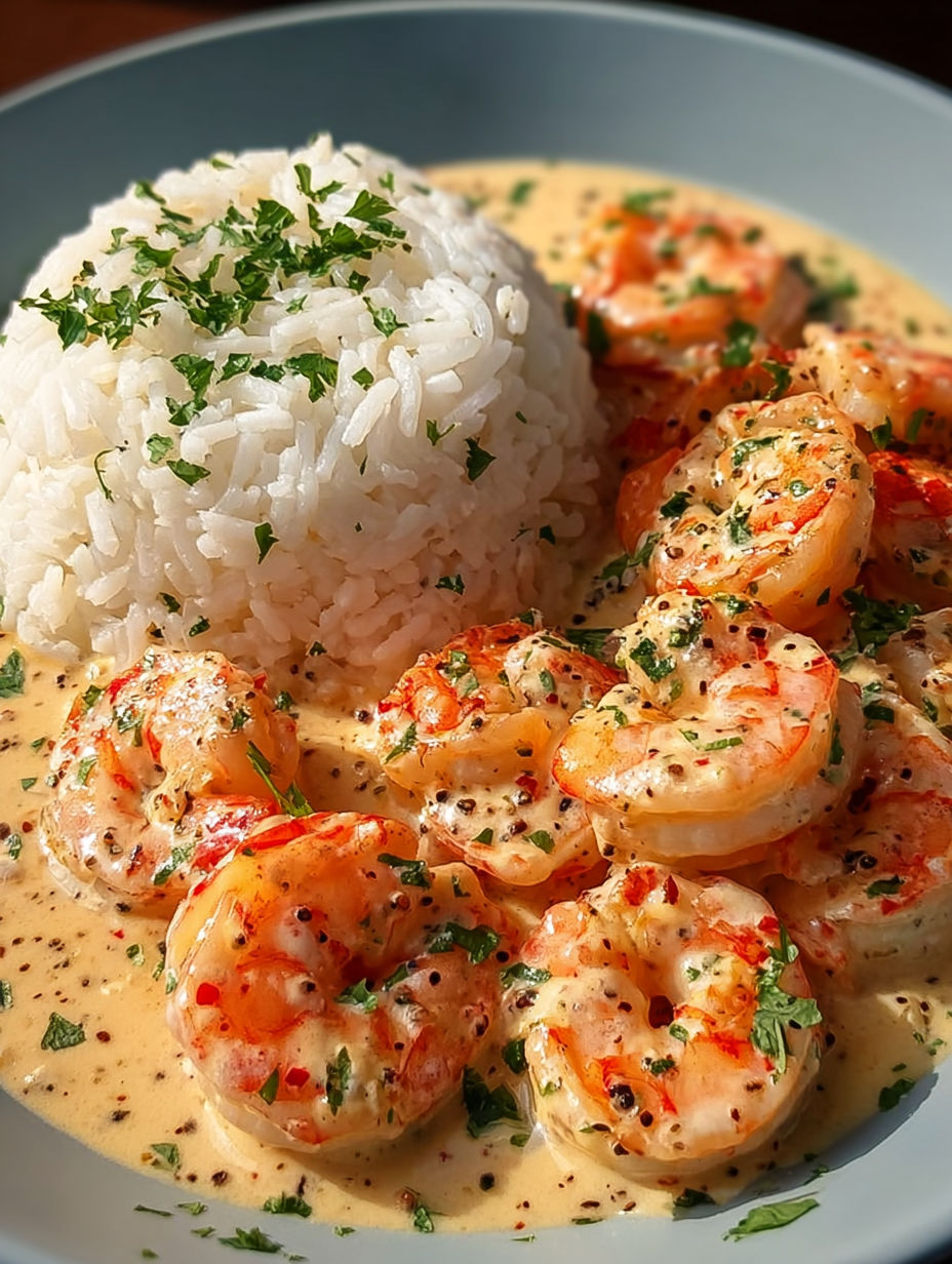 A plate of shrimp with a creamy sauce.