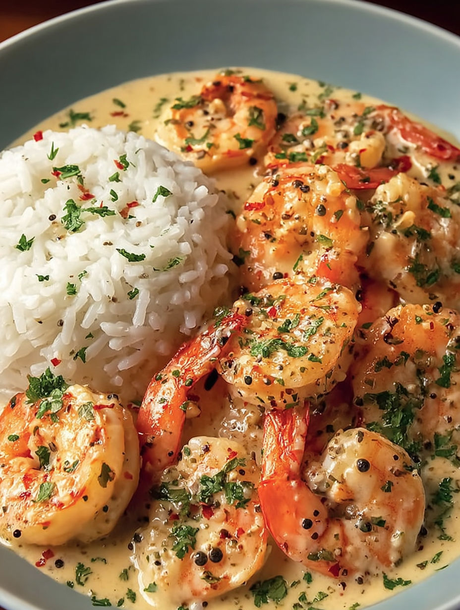 A plate of shrimp and rice with a green garnish.