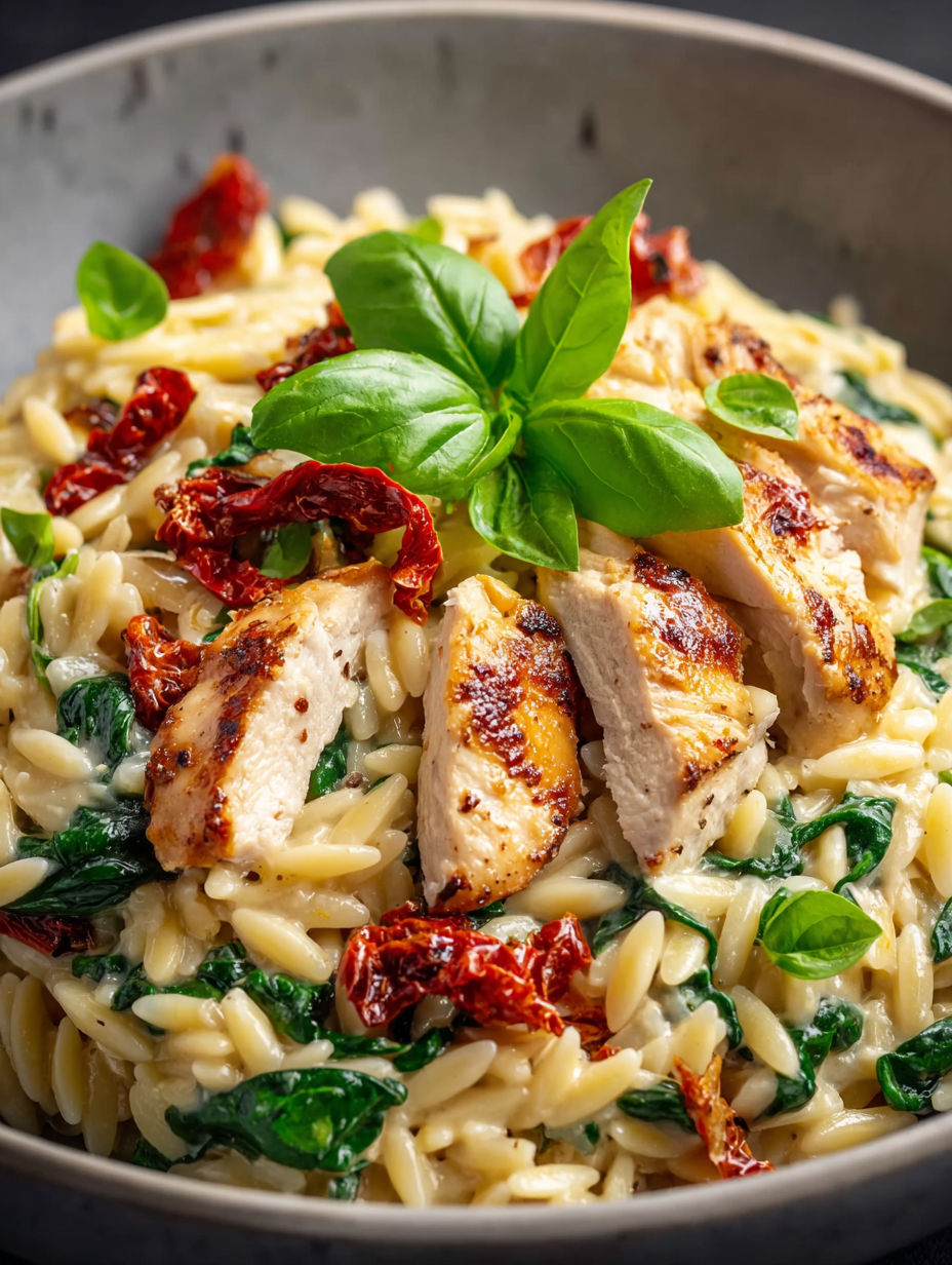 A plate of pasta with chicken and spinach.