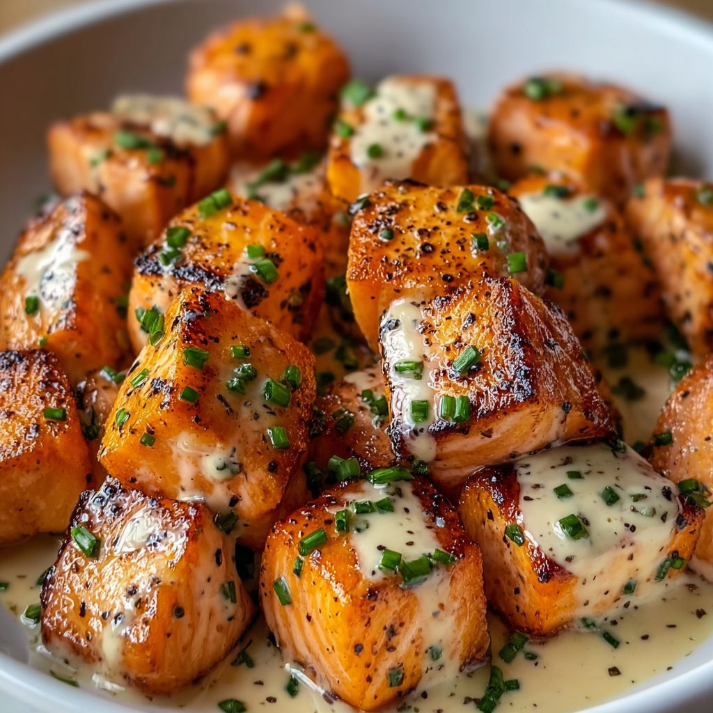 A bowl of bang bang salmon bites.