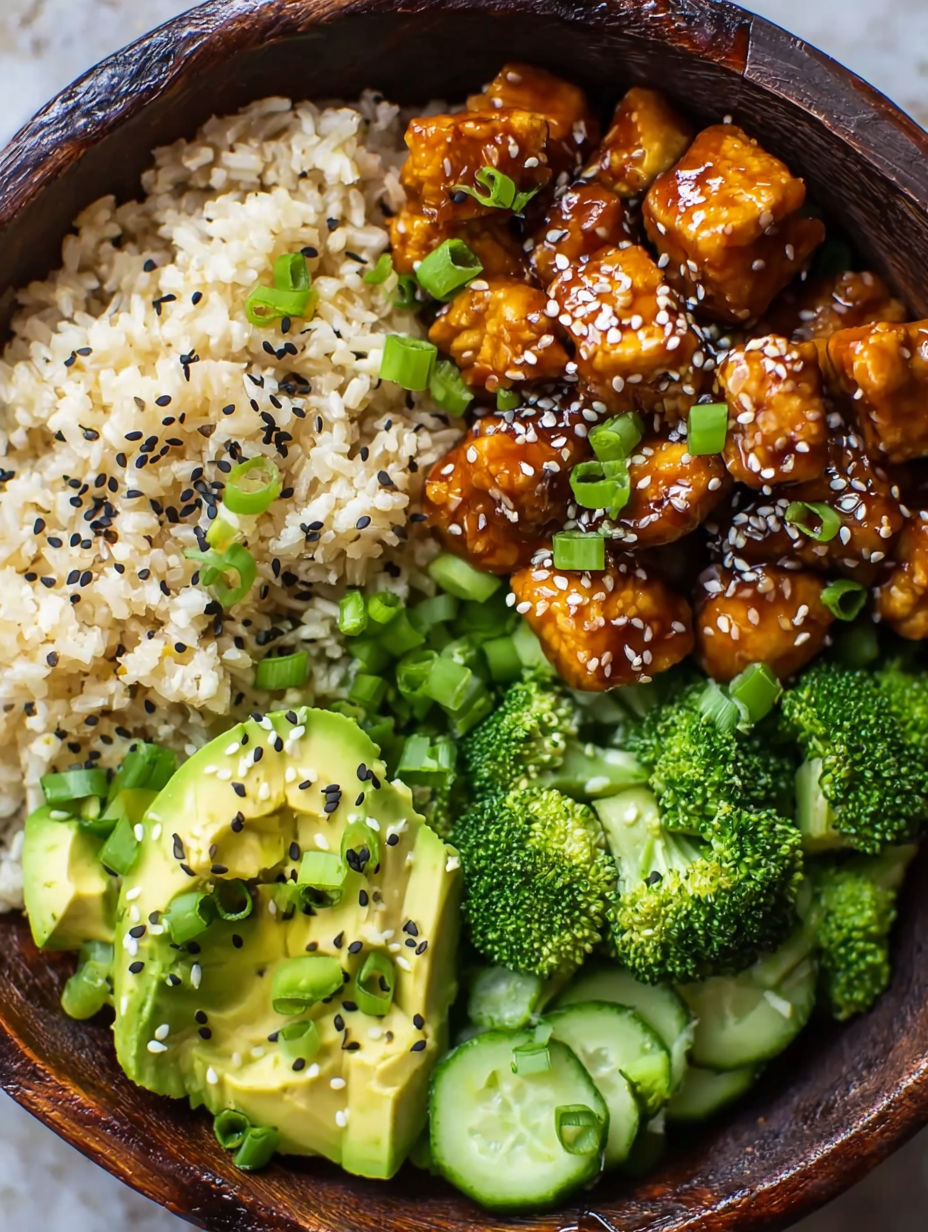 A bowl of food with rice, broccoli, and other vegetables.