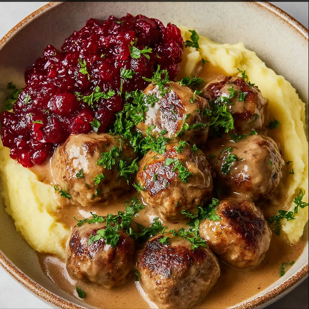A bowl of Swedish meatballs with a side of red cranberry sauce.