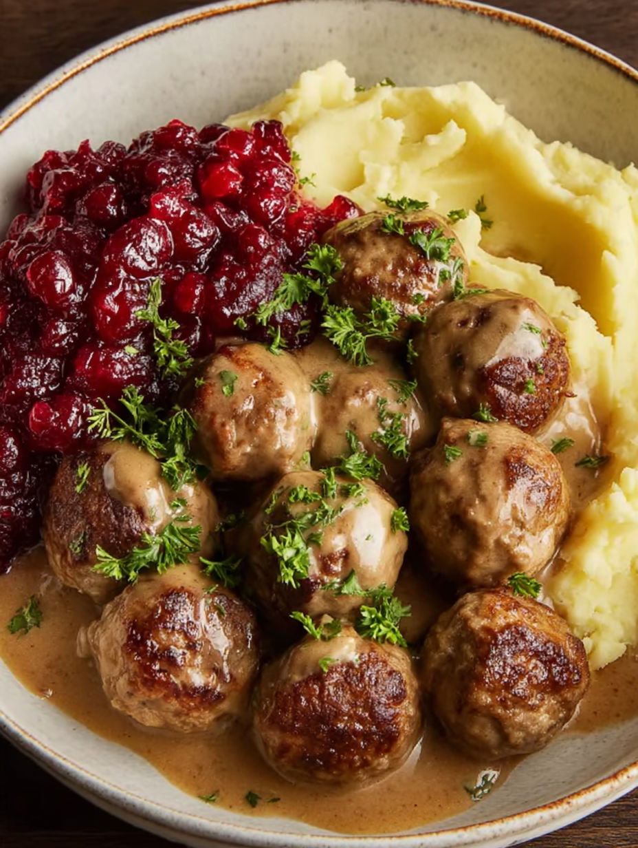 A plate of Swedish meatballs with gravy.