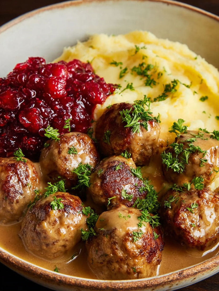 A plate of Swedish meatballs with gravy.