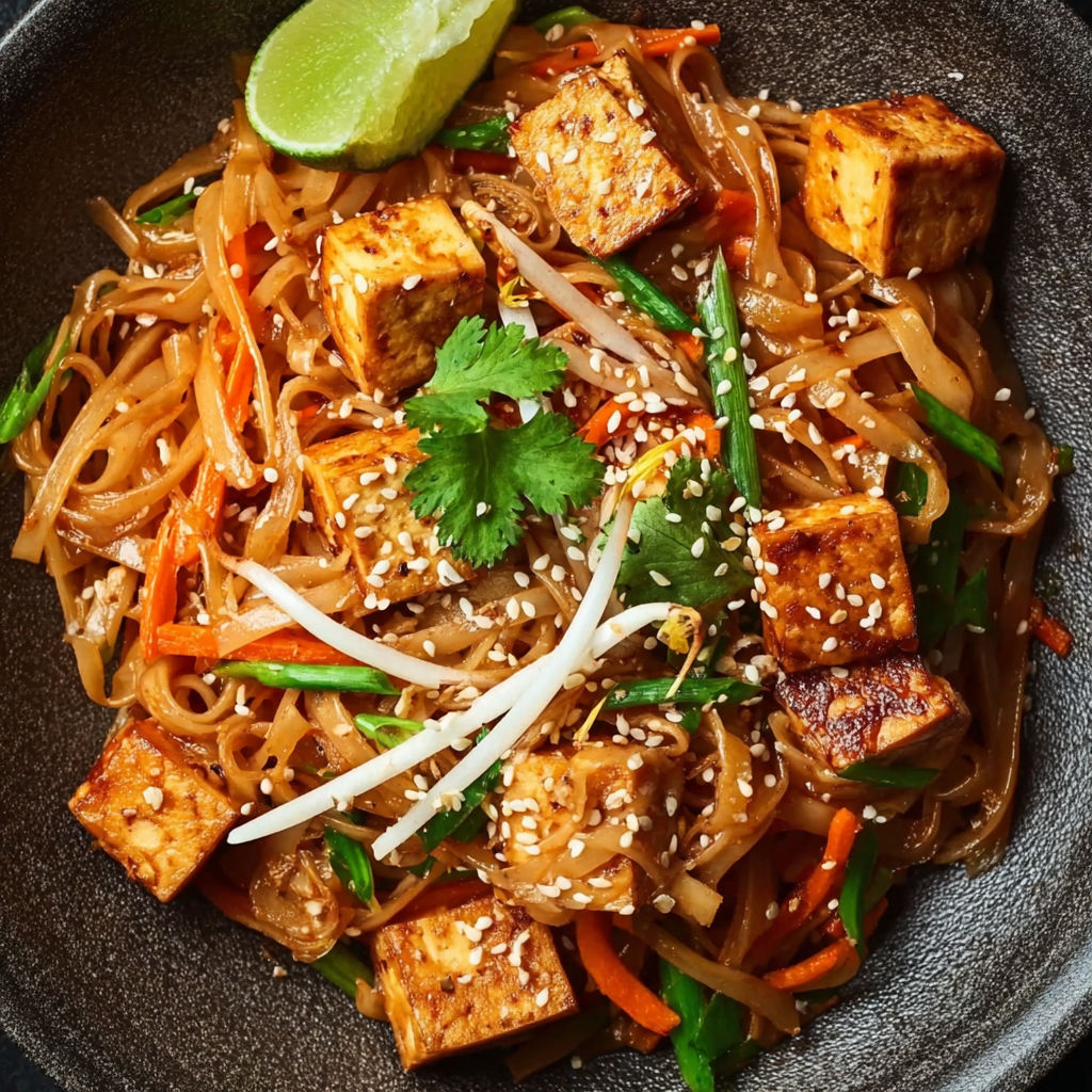 A bowl of Pad Thai with tofu and noodles.