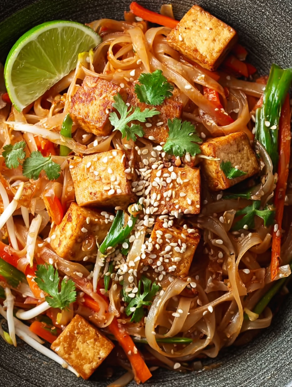 A bowl of Pad Thai with tofu, noodles, and vegetables.