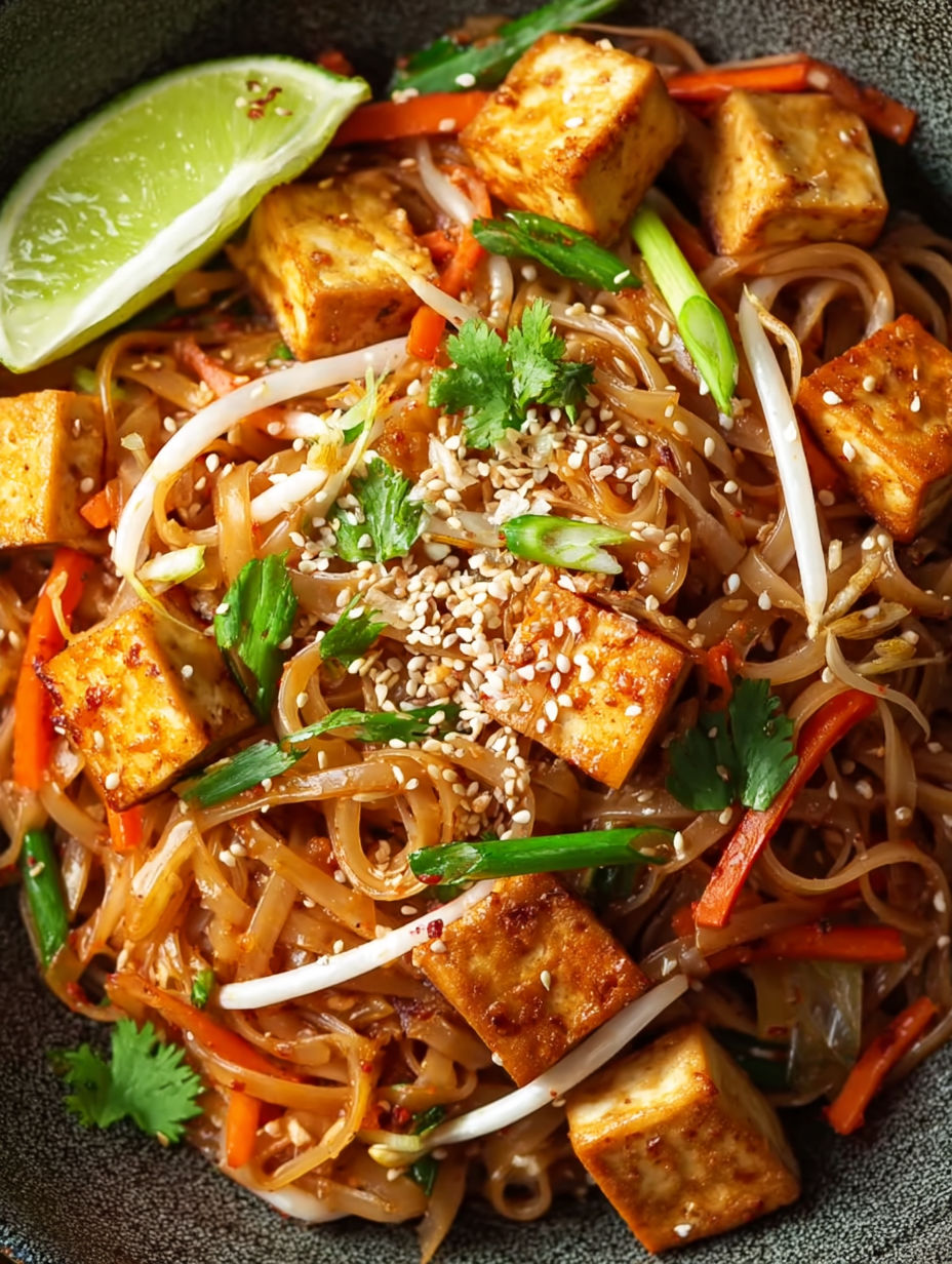 A bowl of Pad Thai noodles with tofu and vegetables.