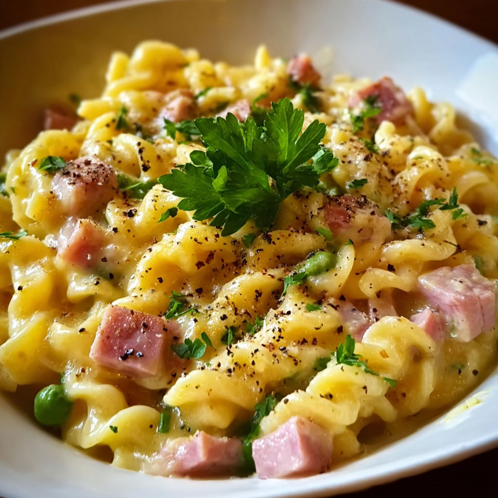 A bowl of pasta with ham and cheese.