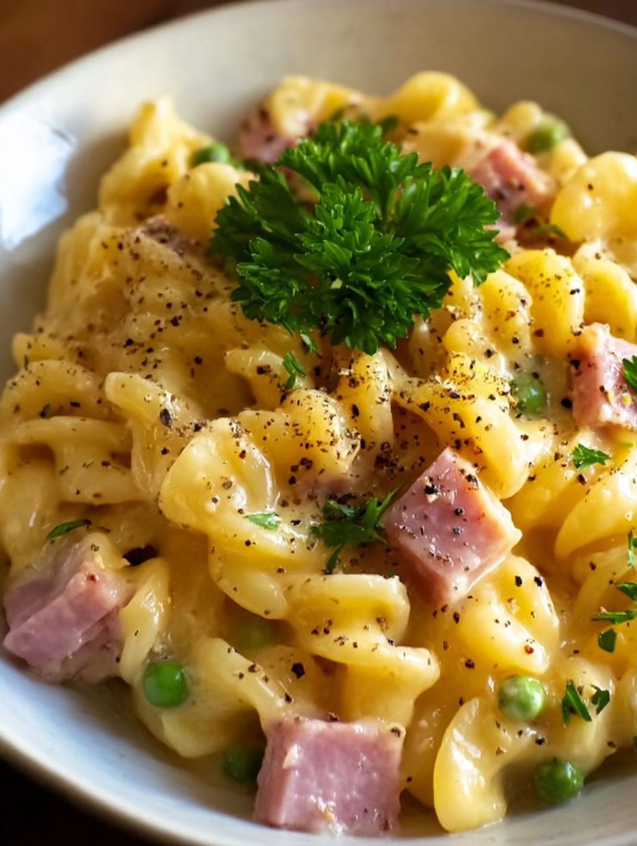 A bowl of pasta with ham and cheese.