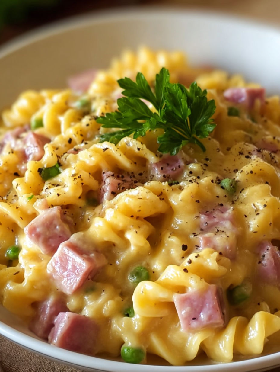 A bowl of pasta with ham and cheese.