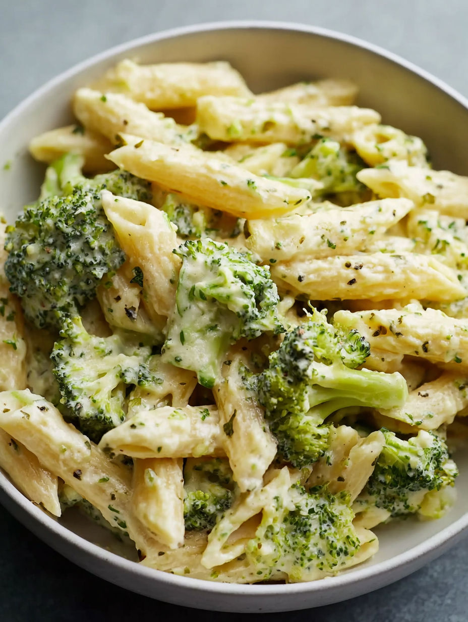 A bowl of pasta with broccoli.