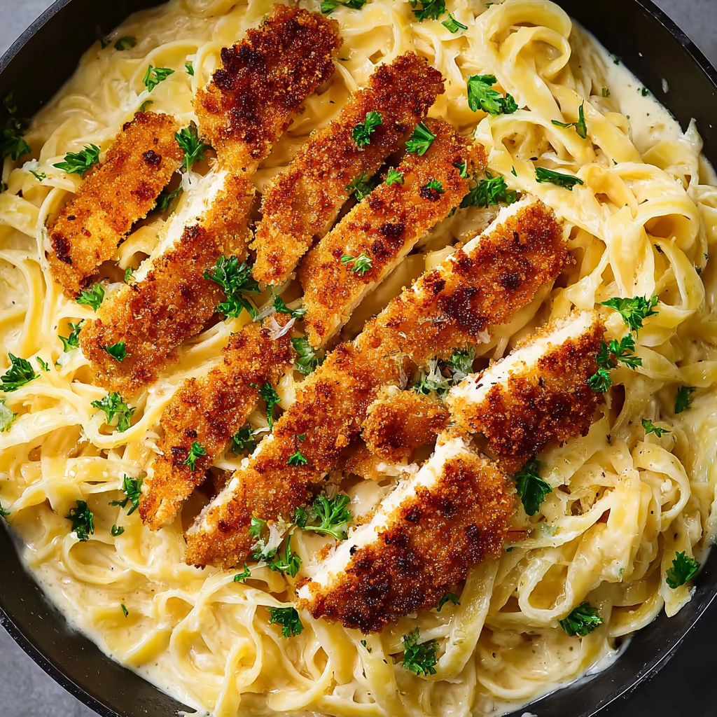 A bowl of fettuccine alfredo with chicken.