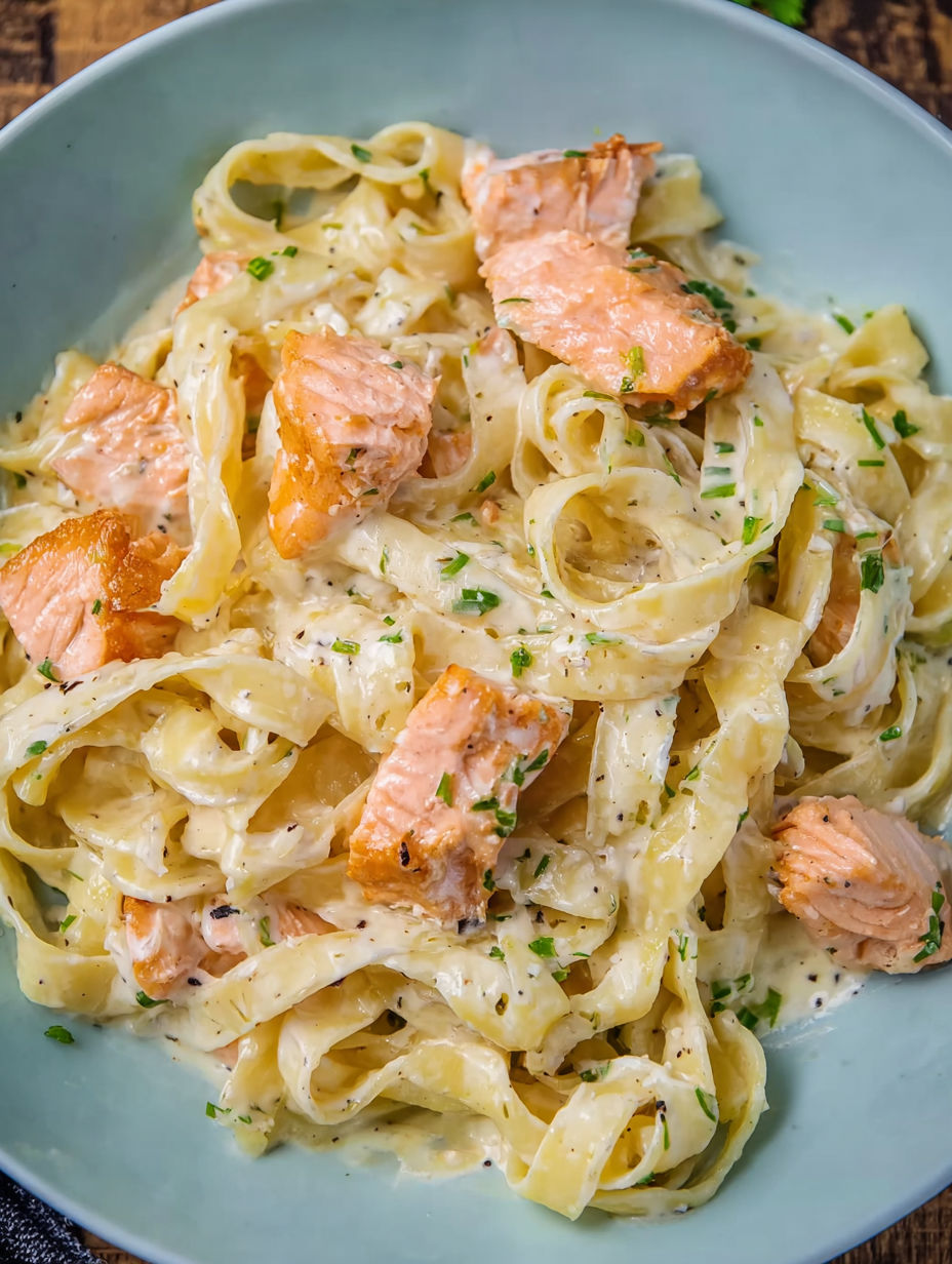 A bowl of pasta with salmon and cream sauce.