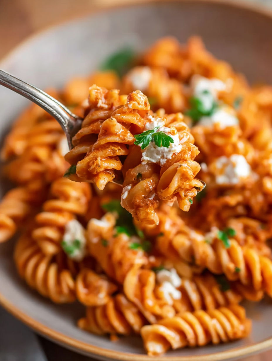 A fork is in a bowl of pasta with cheese and herbs.