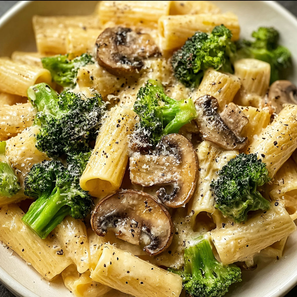 A bowl of pasta with mushrooms and broccoli.