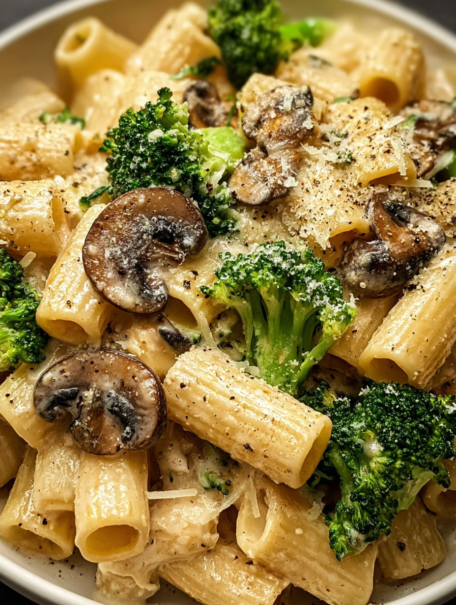 A plate of pasta with mushrooms and broccoli on top.
