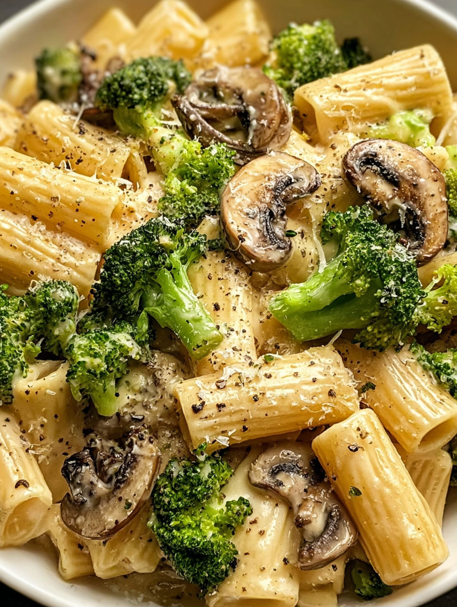 A plate of pasta with mushrooms and broccoli.