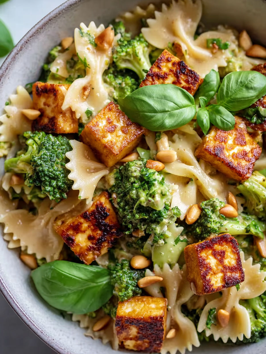 A bowl of pasta with broccoli and toasted halloumi.