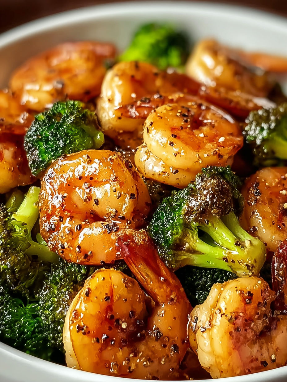 A plate of shrimp with broccoli and honey garlic sauce.