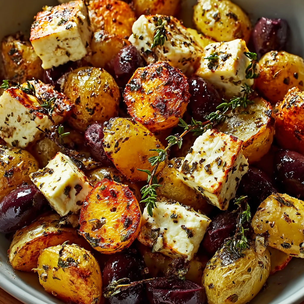 A bowl of food with feta cheese and potatoes.