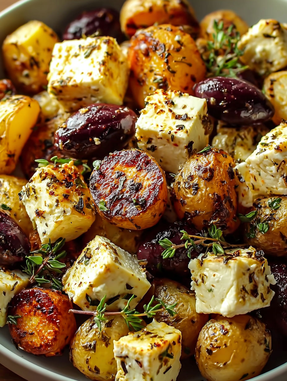 A plate of food with feta cheese and potatoes.