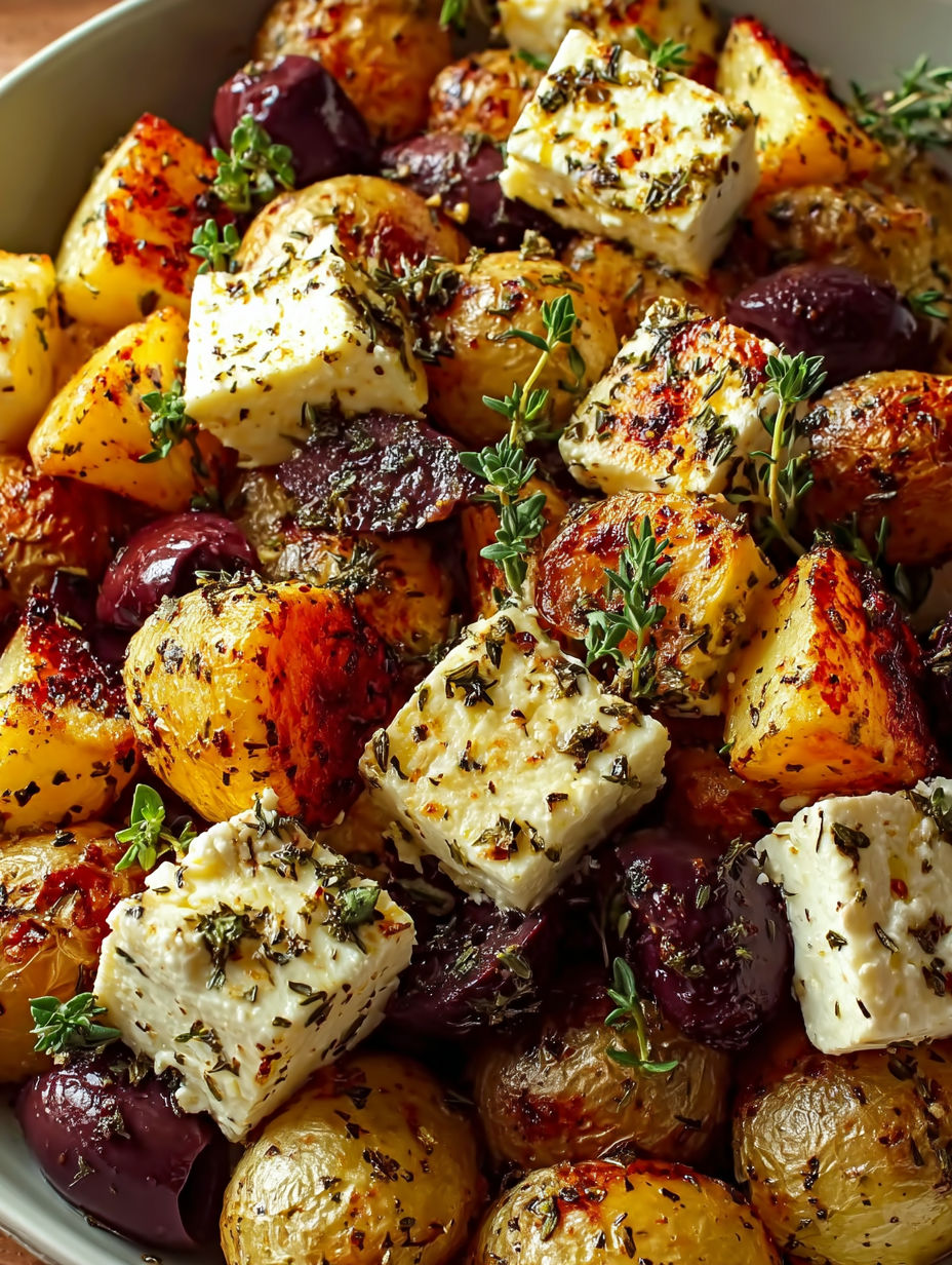 A plate of food with feta cheese and potatoes.