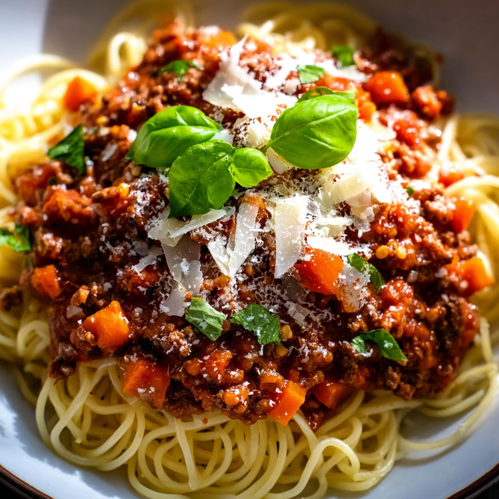 A bowl of pasta with meat sauce.