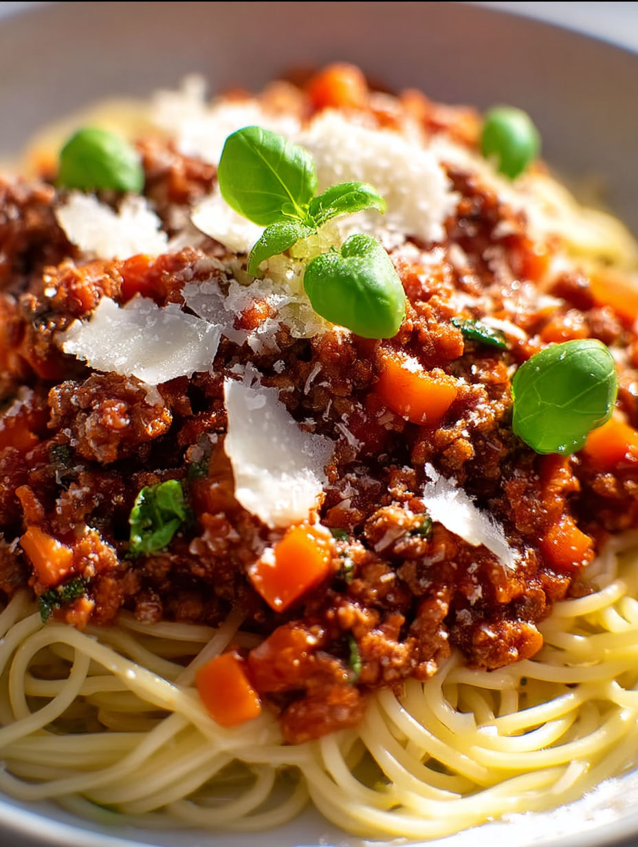 A plate of pasta with meat sauce.