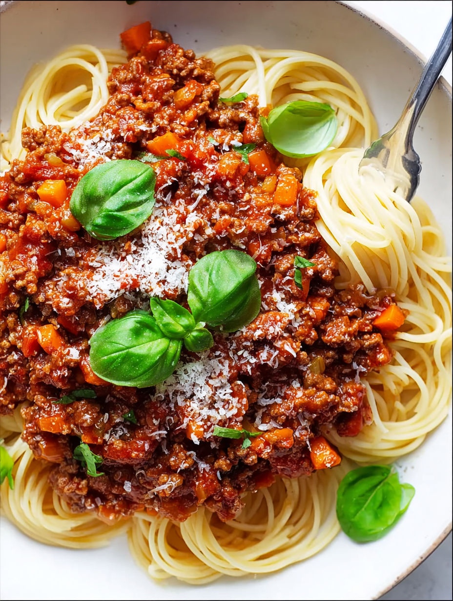 A bowl of pasta with meat sauce.