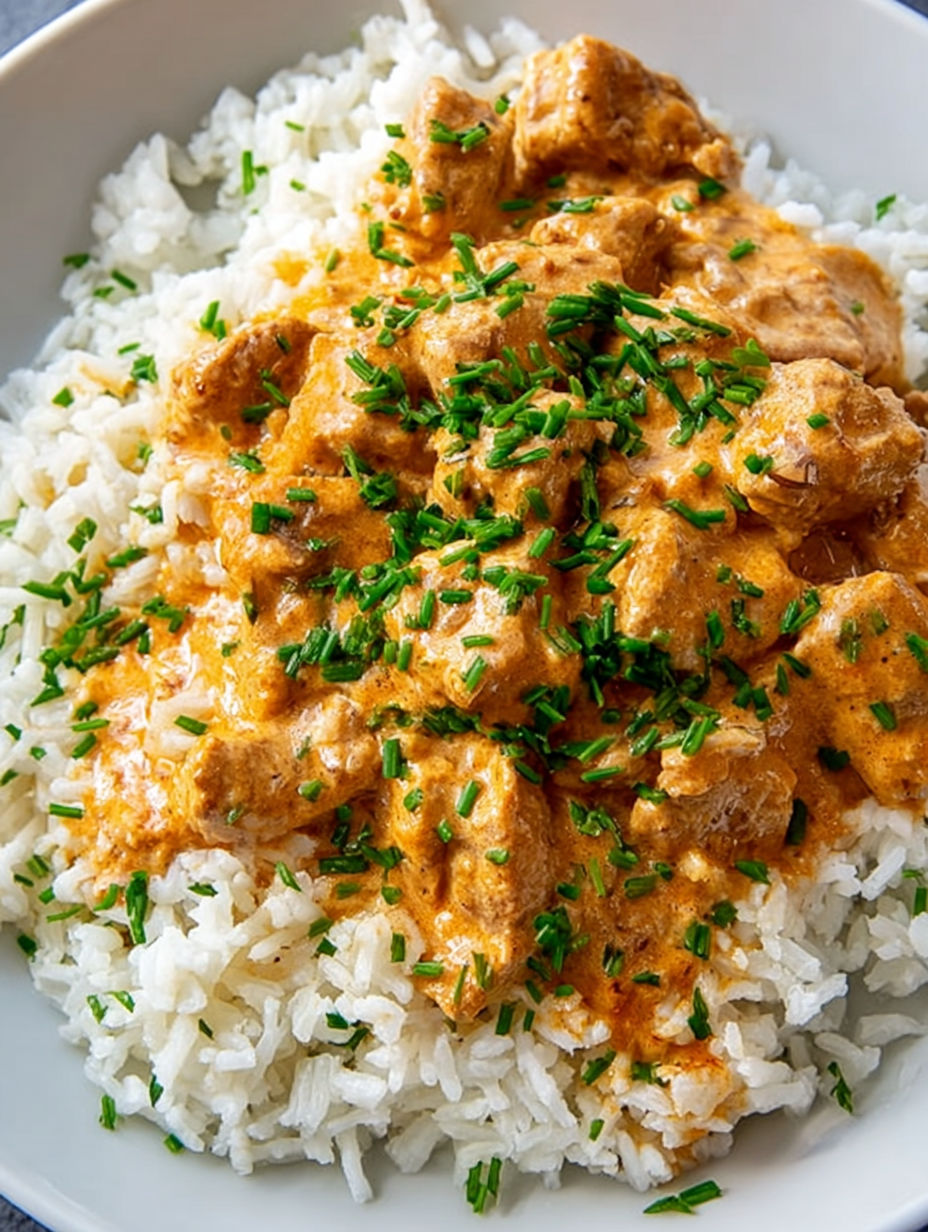 A plate of rice with meat and sauce.