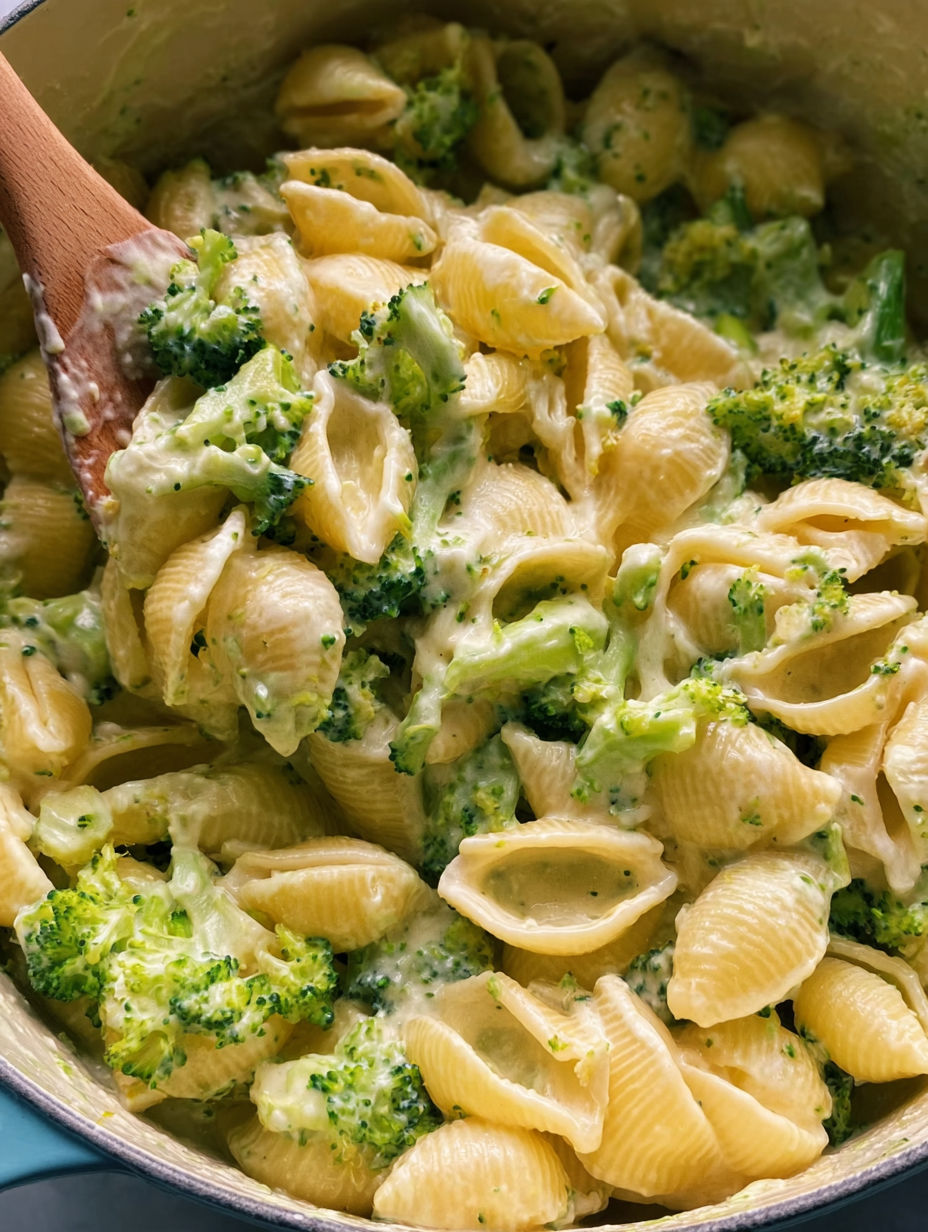 A bowl of macaroni and cheese with broccoli.